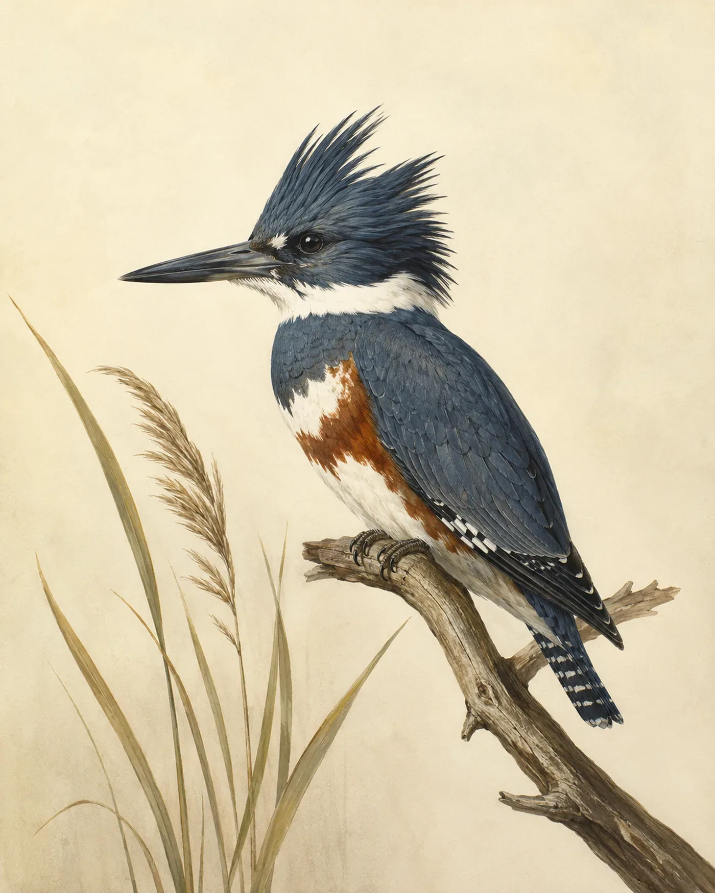 Belted Kingfisher perched on a branch above water, crest raised, in the Audubon style