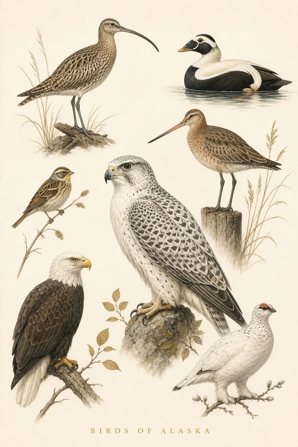 Audubon-style composite plate of the signature birds of Alaska