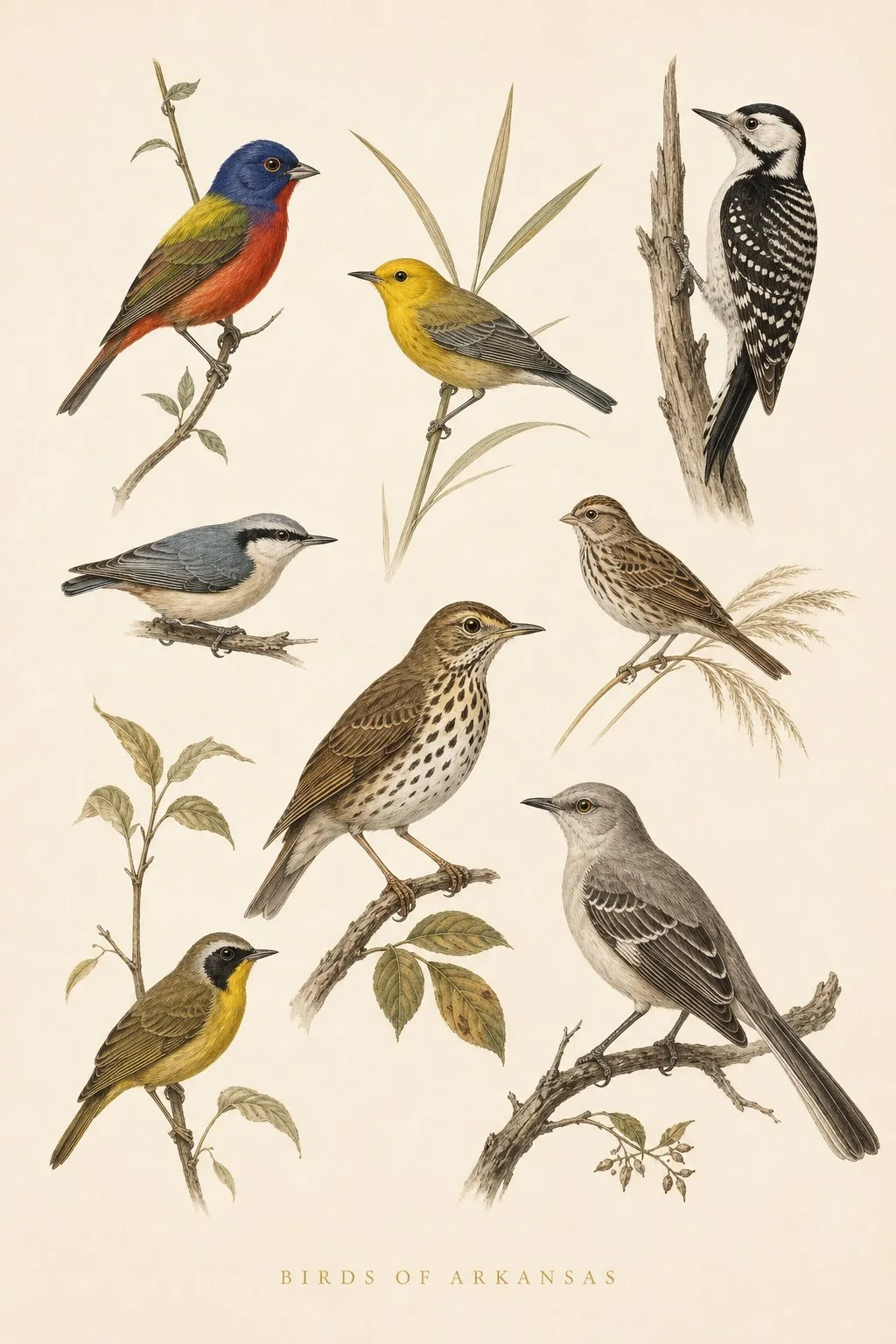 Audubon-style composite plate of the signature birds of Arkansas
