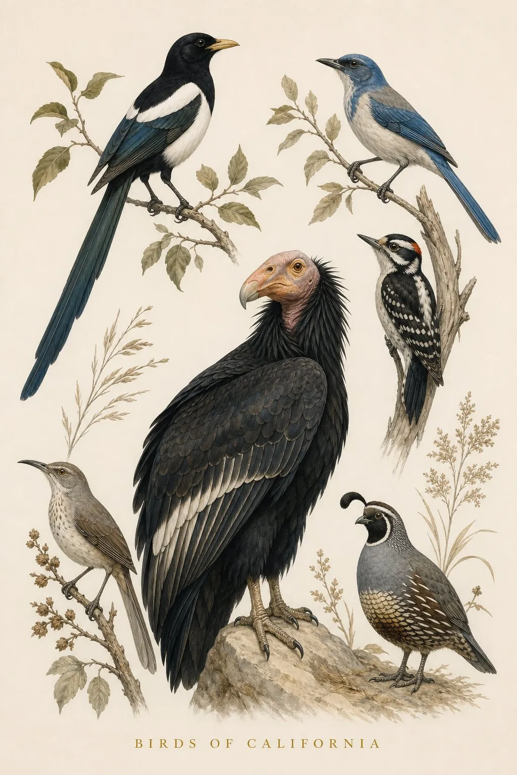 Audubon-style composite plate of the signature birds of California
