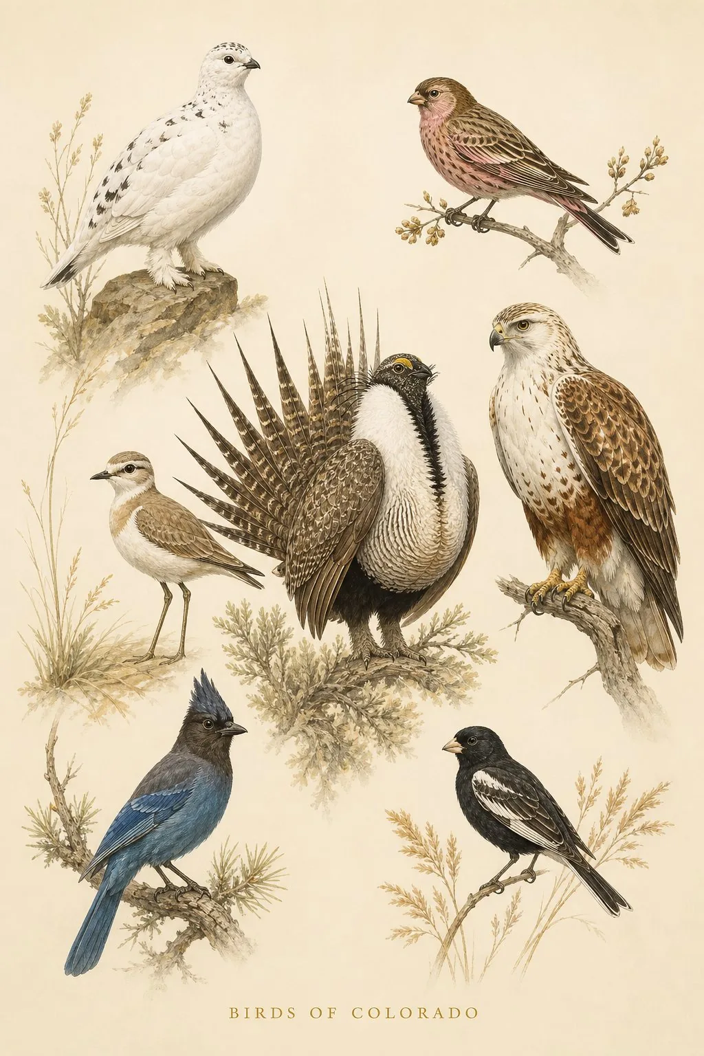 Audubon-style composite plate of the signature birds of Colorado
