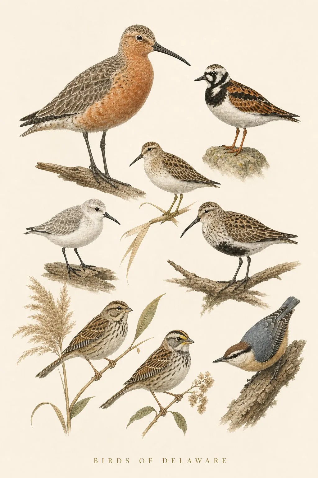 Audubon-style composite plate of the signature birds of Delaware