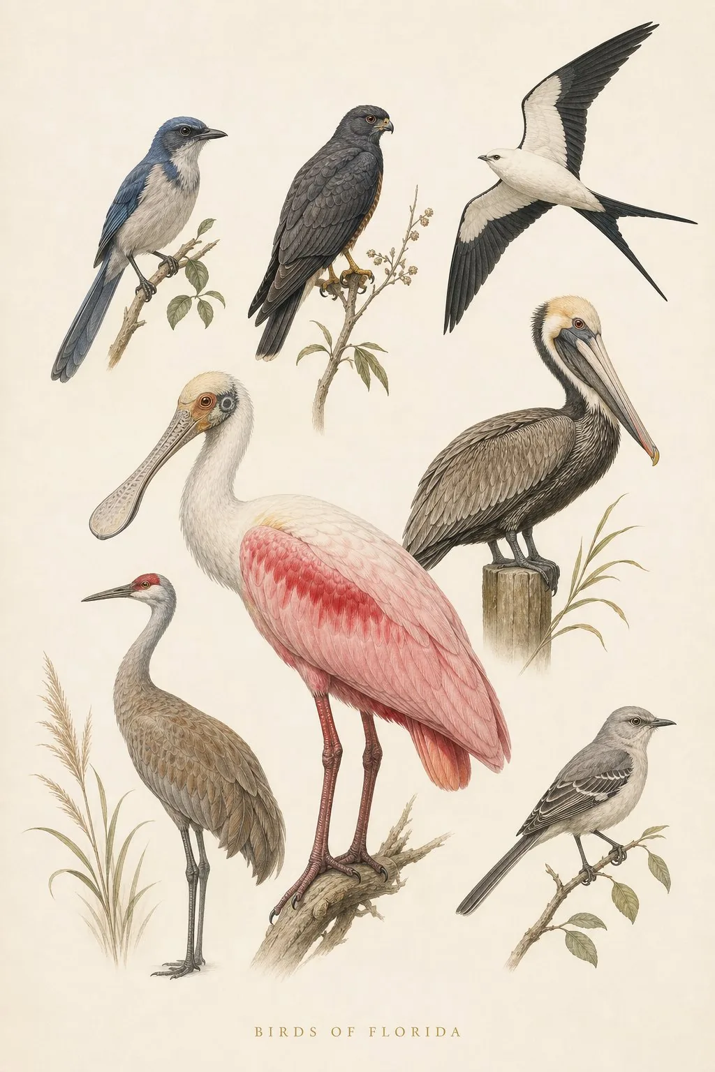 Audubon-style composite plate of the signature birds of Florida
