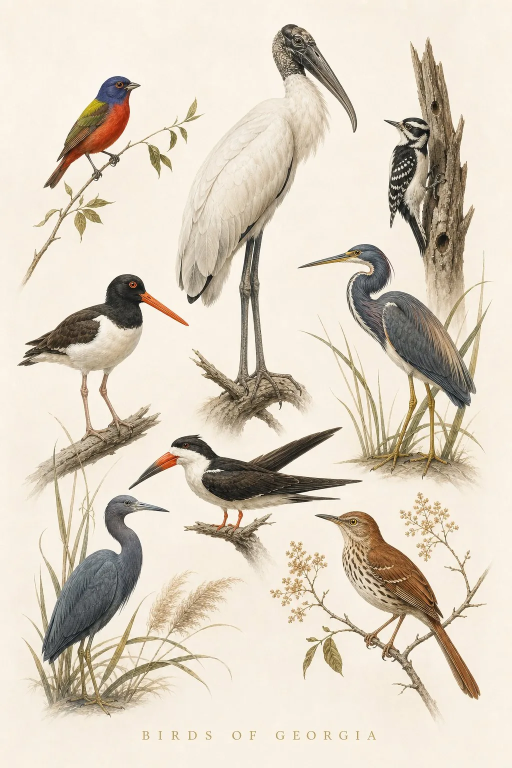 Audubon-style composite plate of the signature birds of Georgia