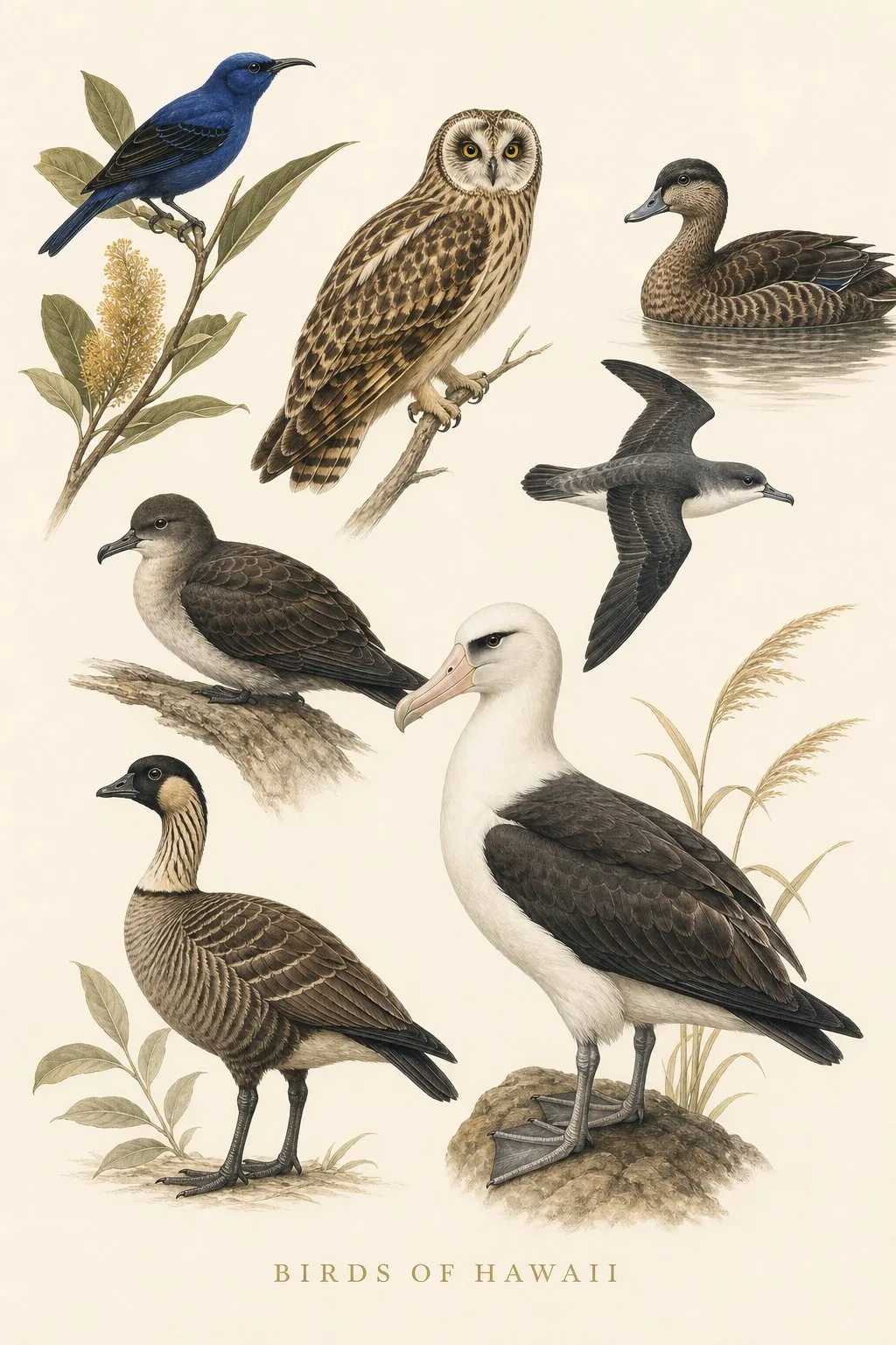 Audubon-style composite plate of the signature birds of Hawaii