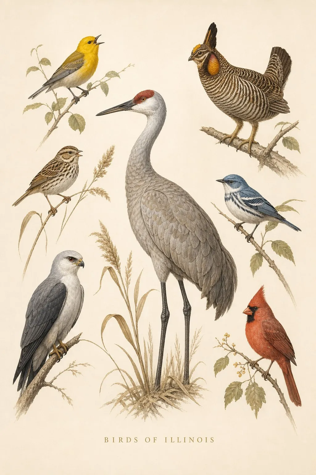 Audubon-style composite plate of the signature birds of Illinois