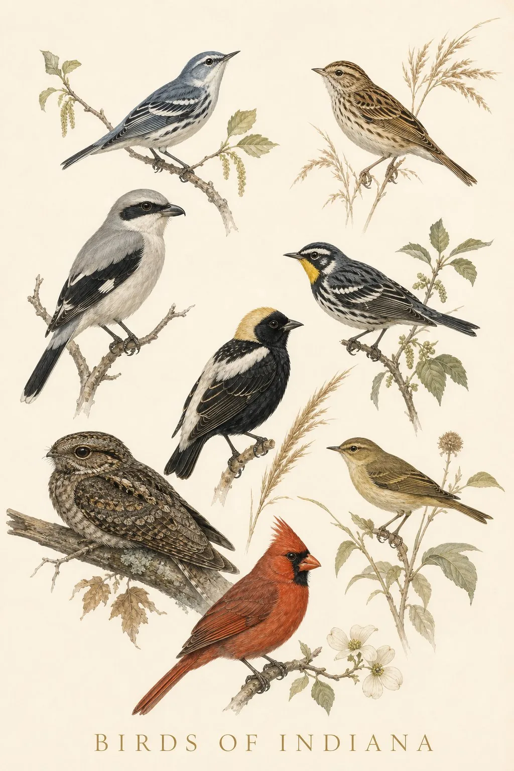 Audubon-style composite plate of the signature birds of Indiana