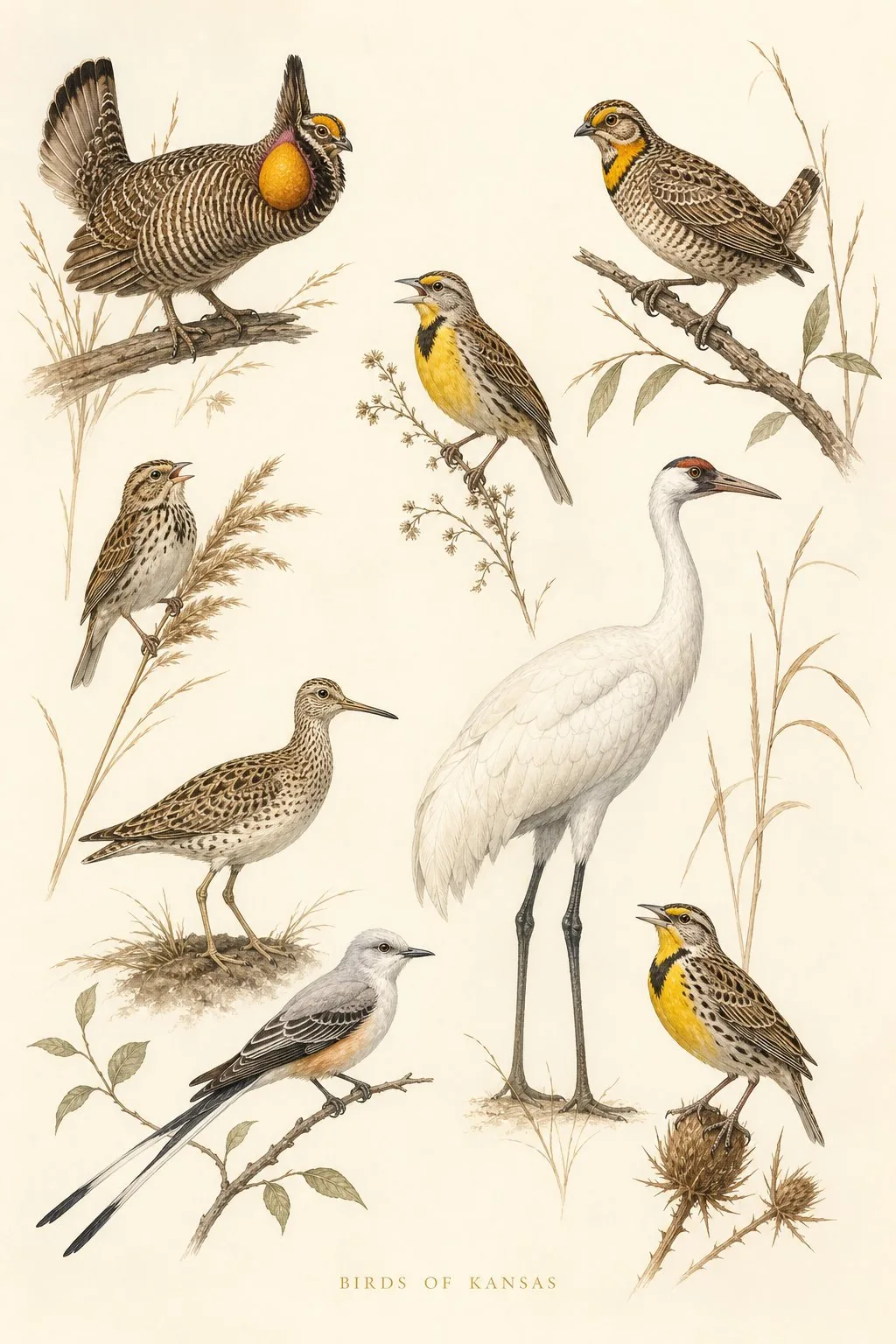 Audubon-style composite plate of the signature birds of Kansas