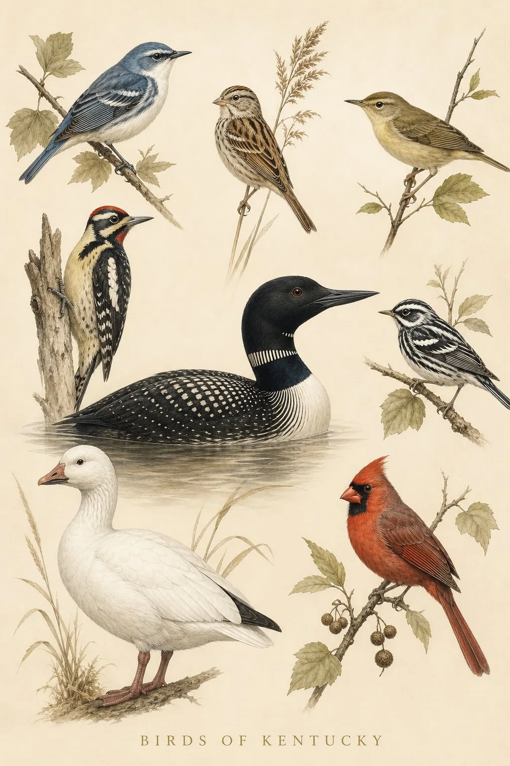 Audubon-style composite plate of the signature birds of Kentucky