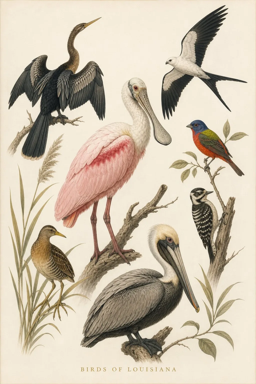 Audubon-style composite plate of the signature birds of Louisiana
