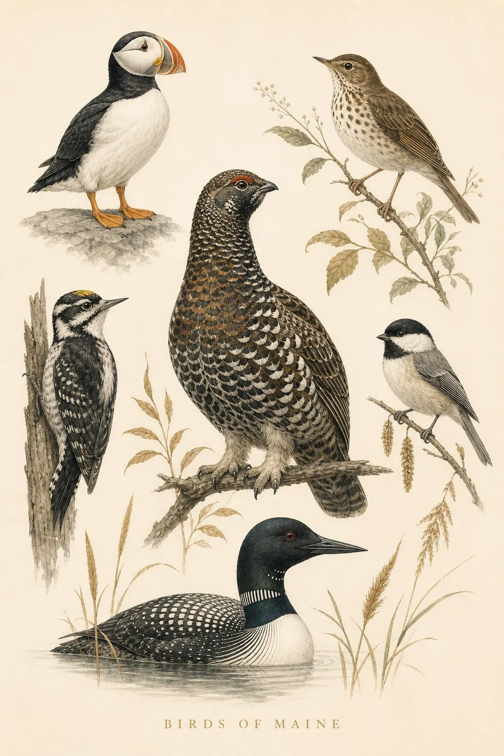 Audubon-style composite plate of the signature birds of Maine