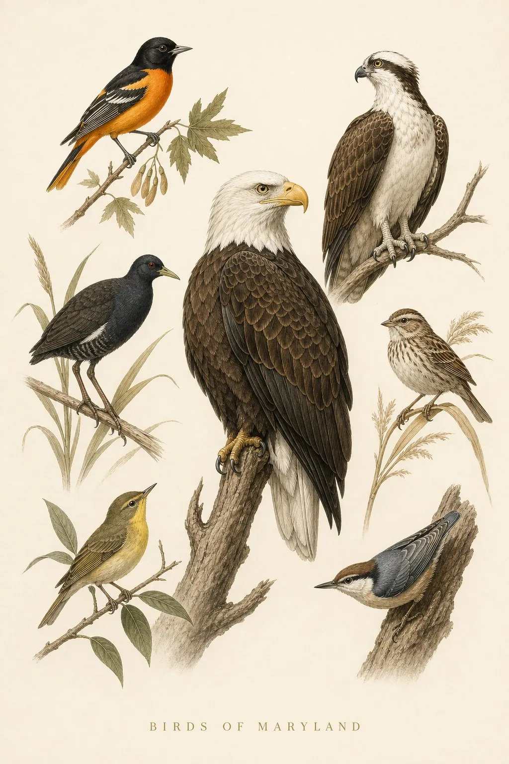 Audubon-style composite plate of the signature birds of Maryland
