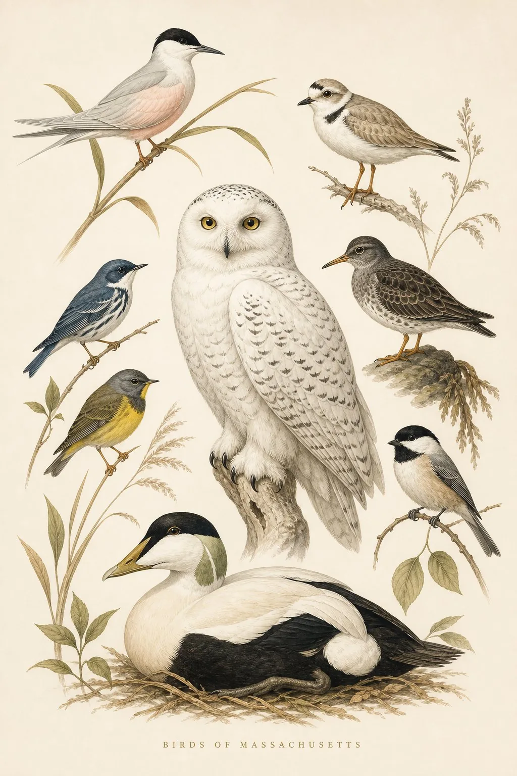 Audubon-style composite plate of the signature birds of Massachusetts