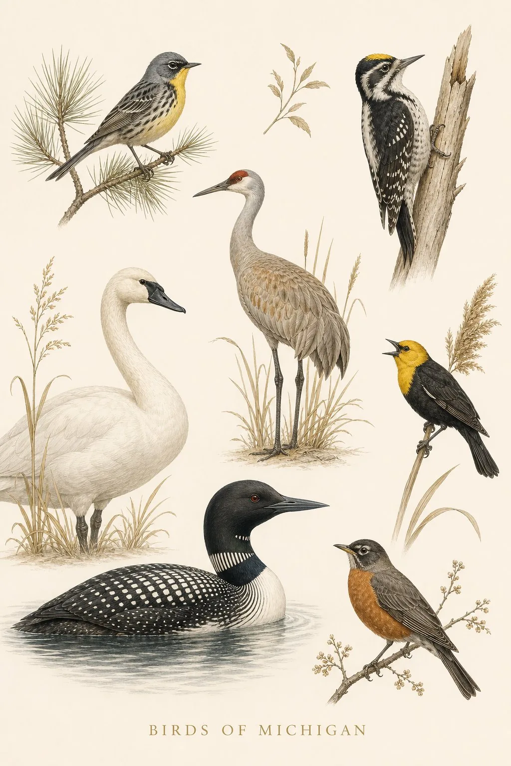 Audubon-style composite plate of the signature birds of Michigan