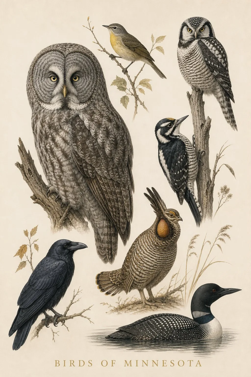 Audubon-style composite plate of the signature birds of Minnesota