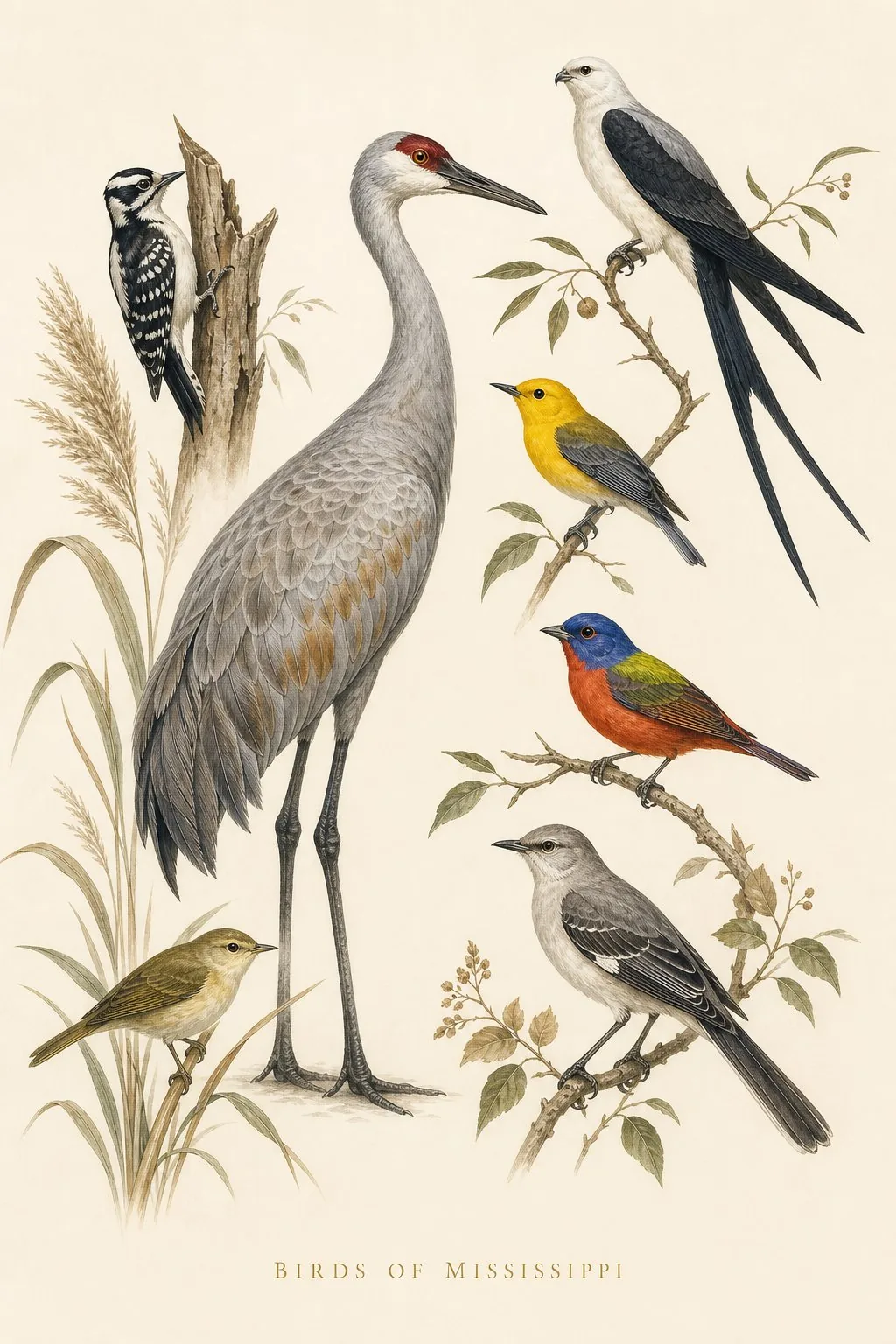 Audubon-style composite plate of the signature birds of Mississippi