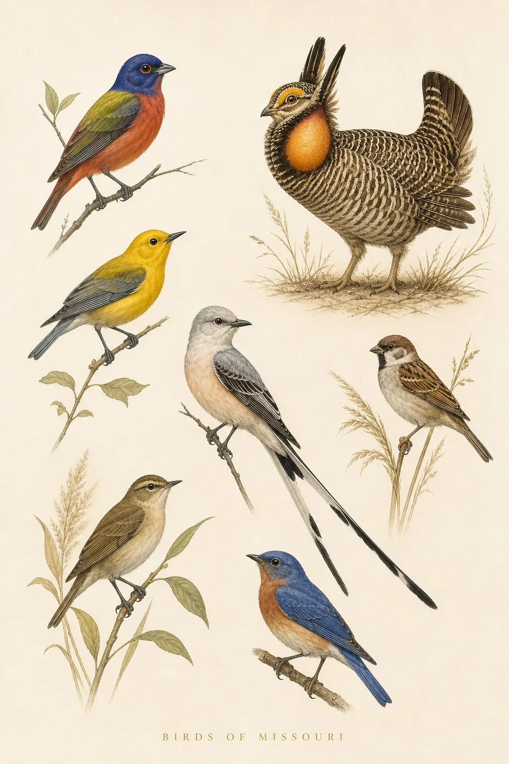 Audubon-style composite plate of the signature birds of Missouri