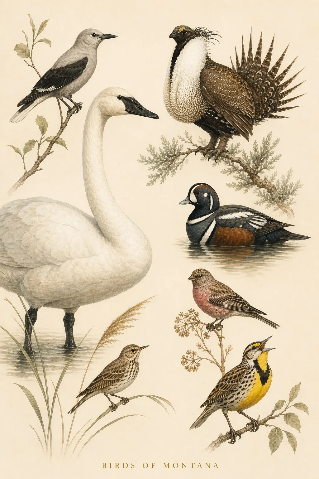 Audubon-style composite plate of the signature birds of Montana