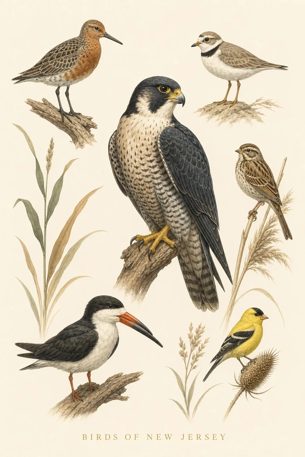 Audubon-style composite plate of the signature birds of New Jersey