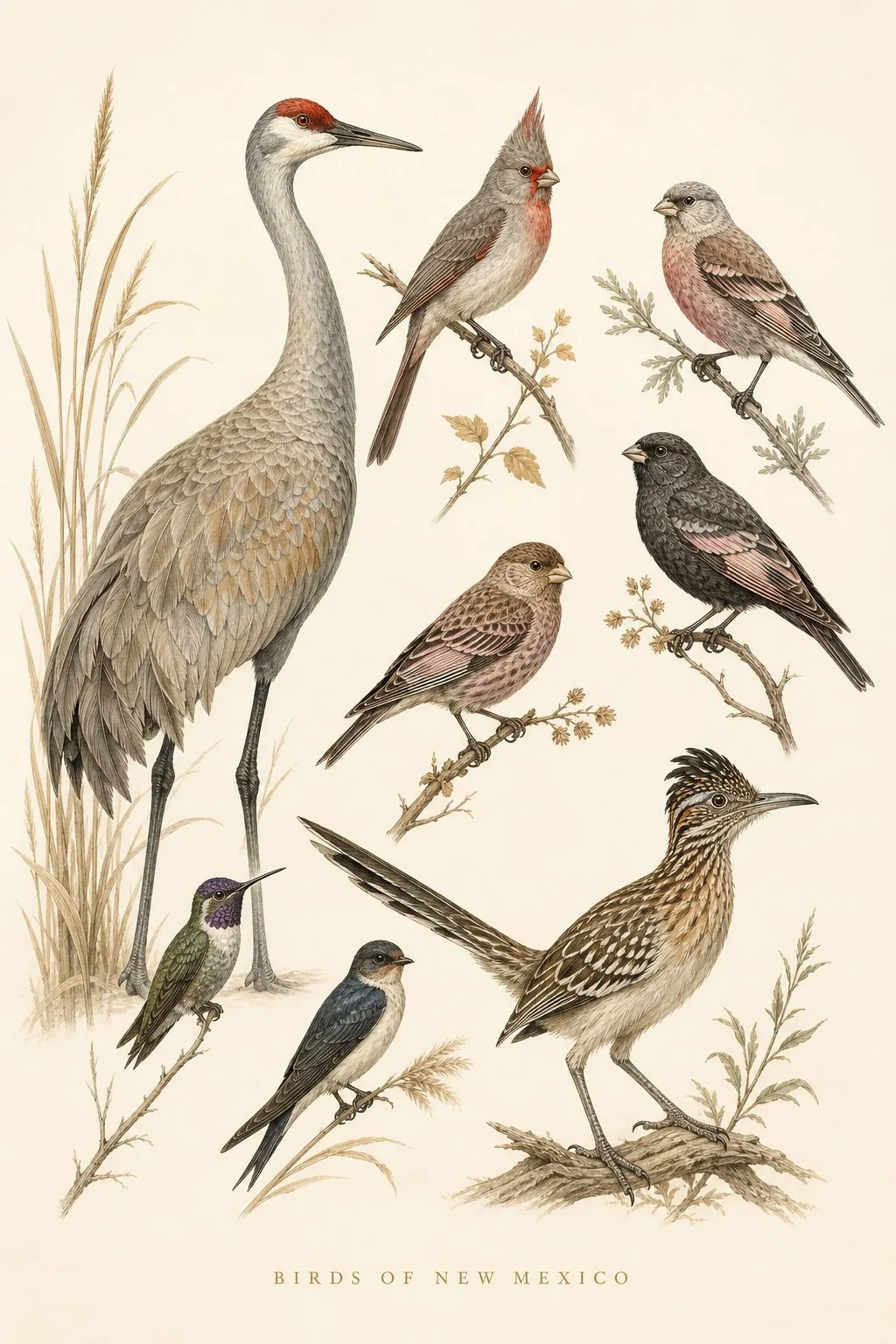 Audubon-style composite plate of the signature birds of New Mexico