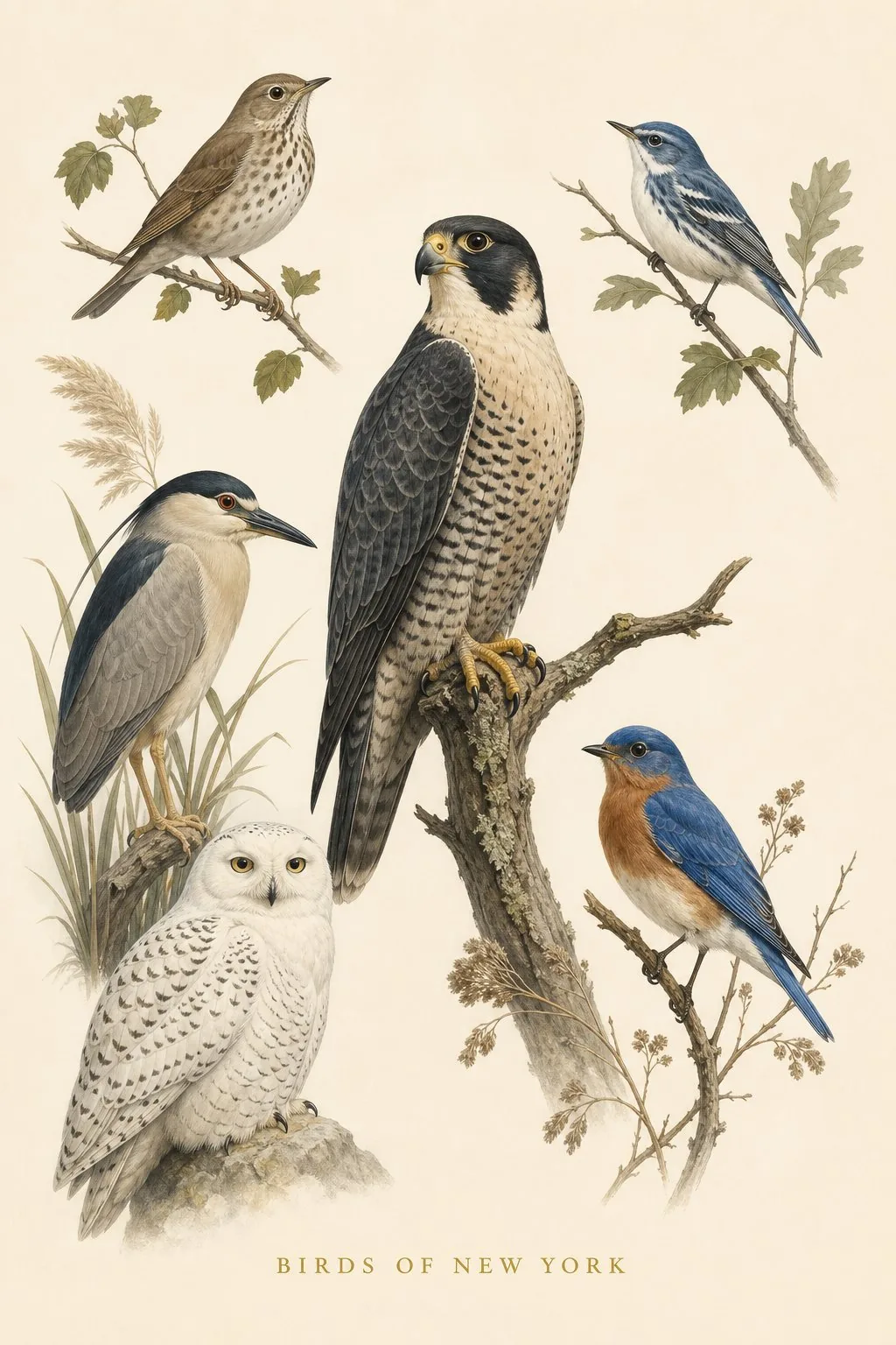 Audubon-style composite plate of the signature birds of New York