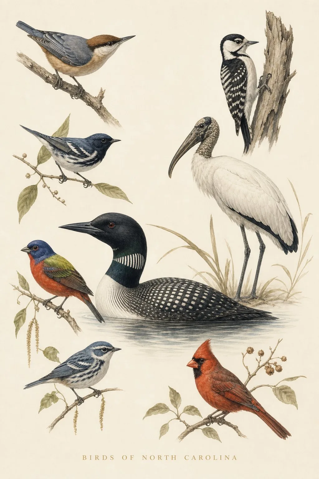 Audubon-style composite plate of the signature birds of North Carolina
