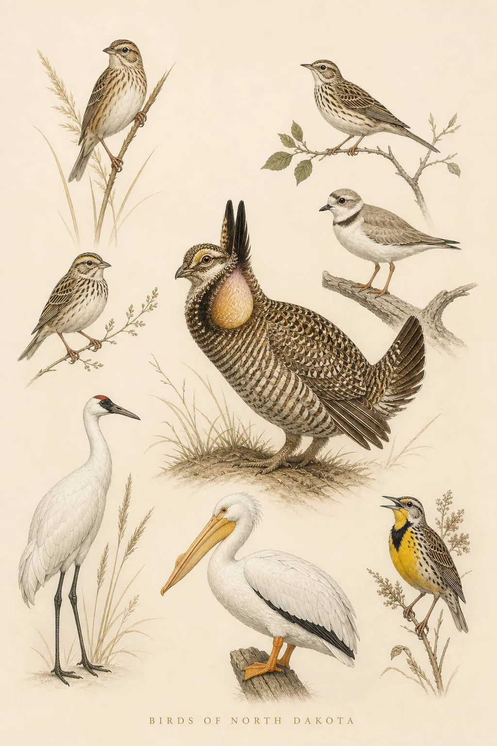 Audubon-style composite plate of the signature birds of North Dakota