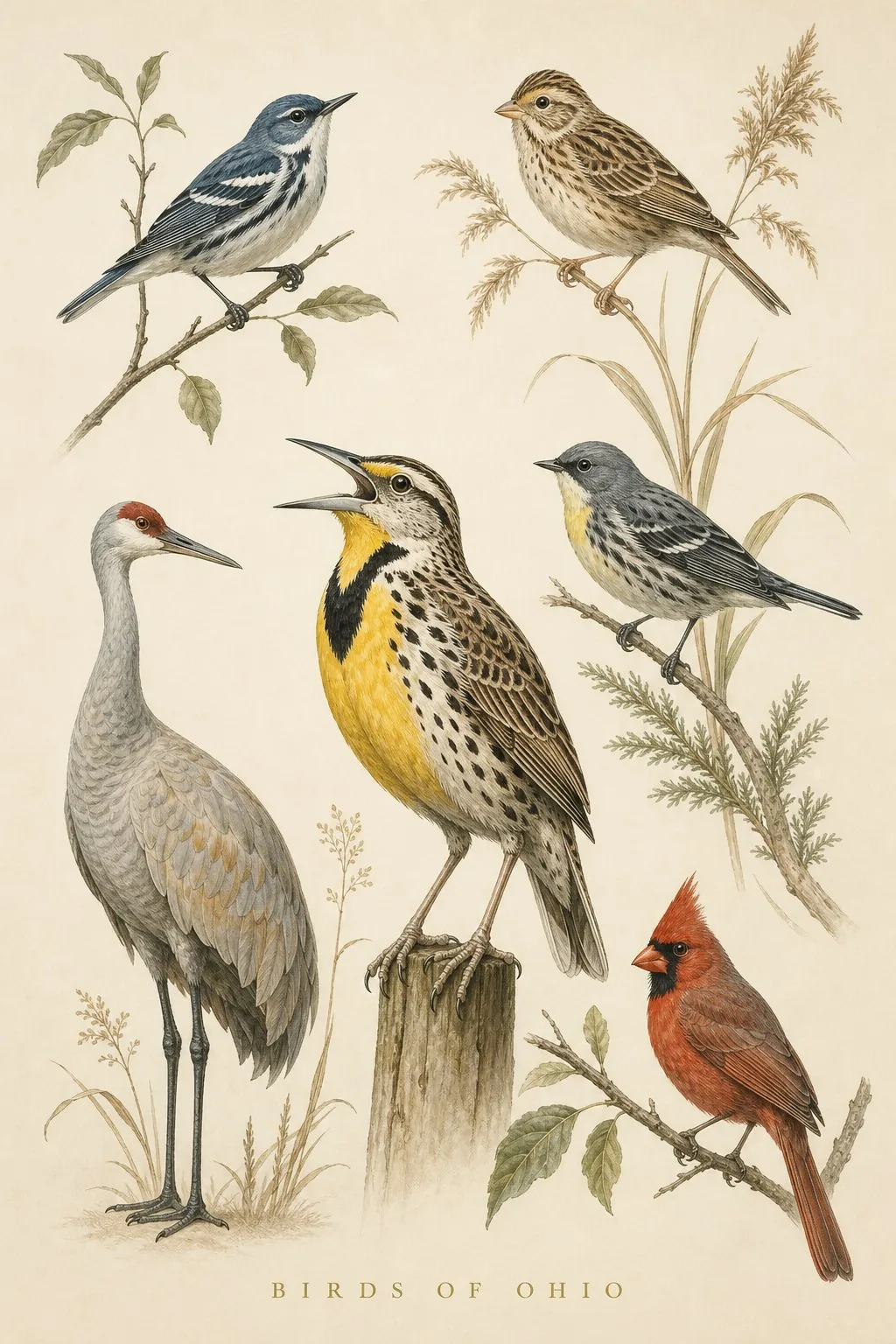 Audubon-style composite plate of the signature birds of Ohio
