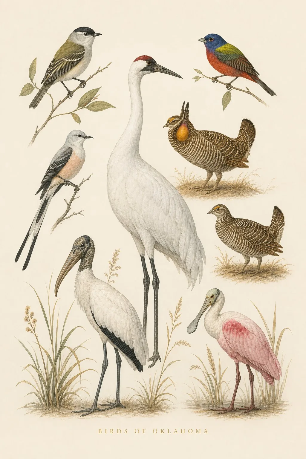 Audubon-style composite plate of the signature birds of Oklahoma