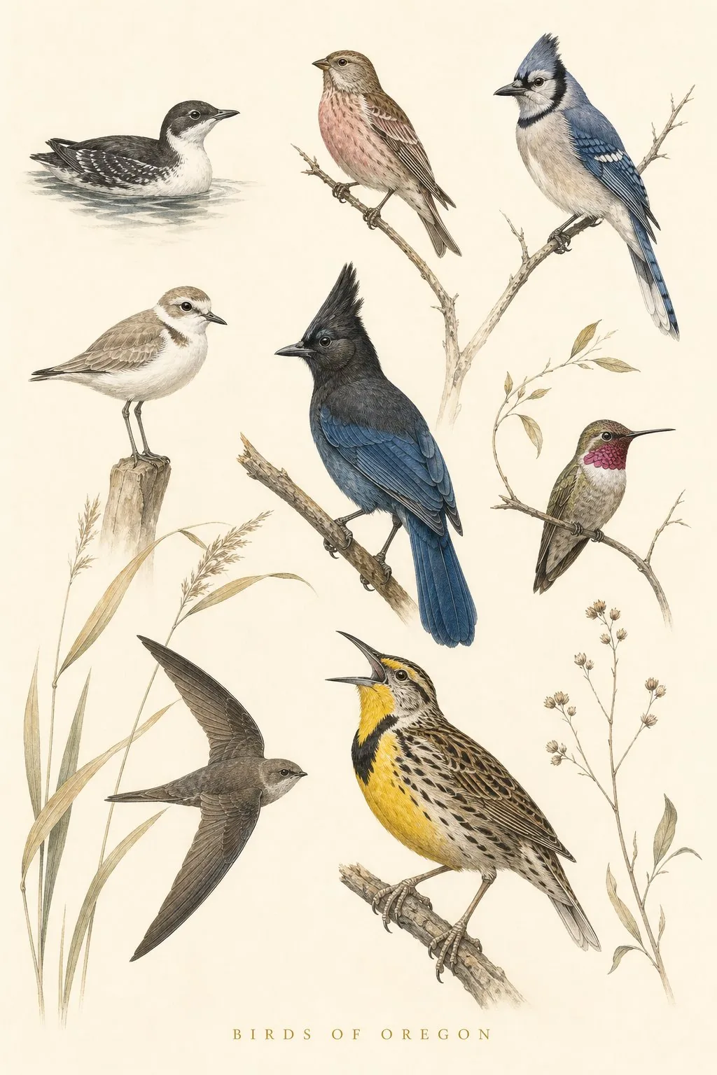 Audubon-style composite plate of the signature birds of Oregon