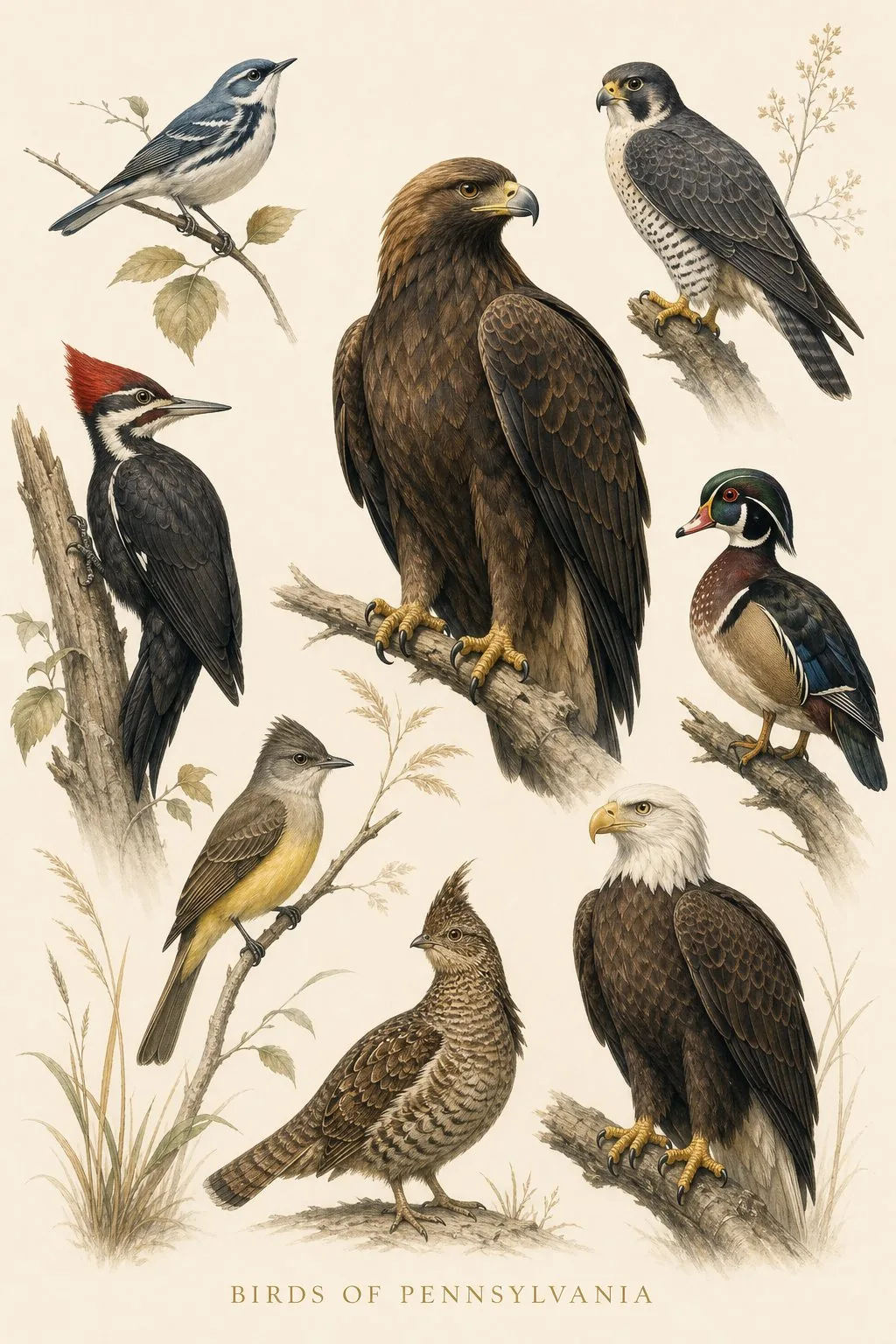 Audubon-style composite plate of the signature birds of Pennsylvania