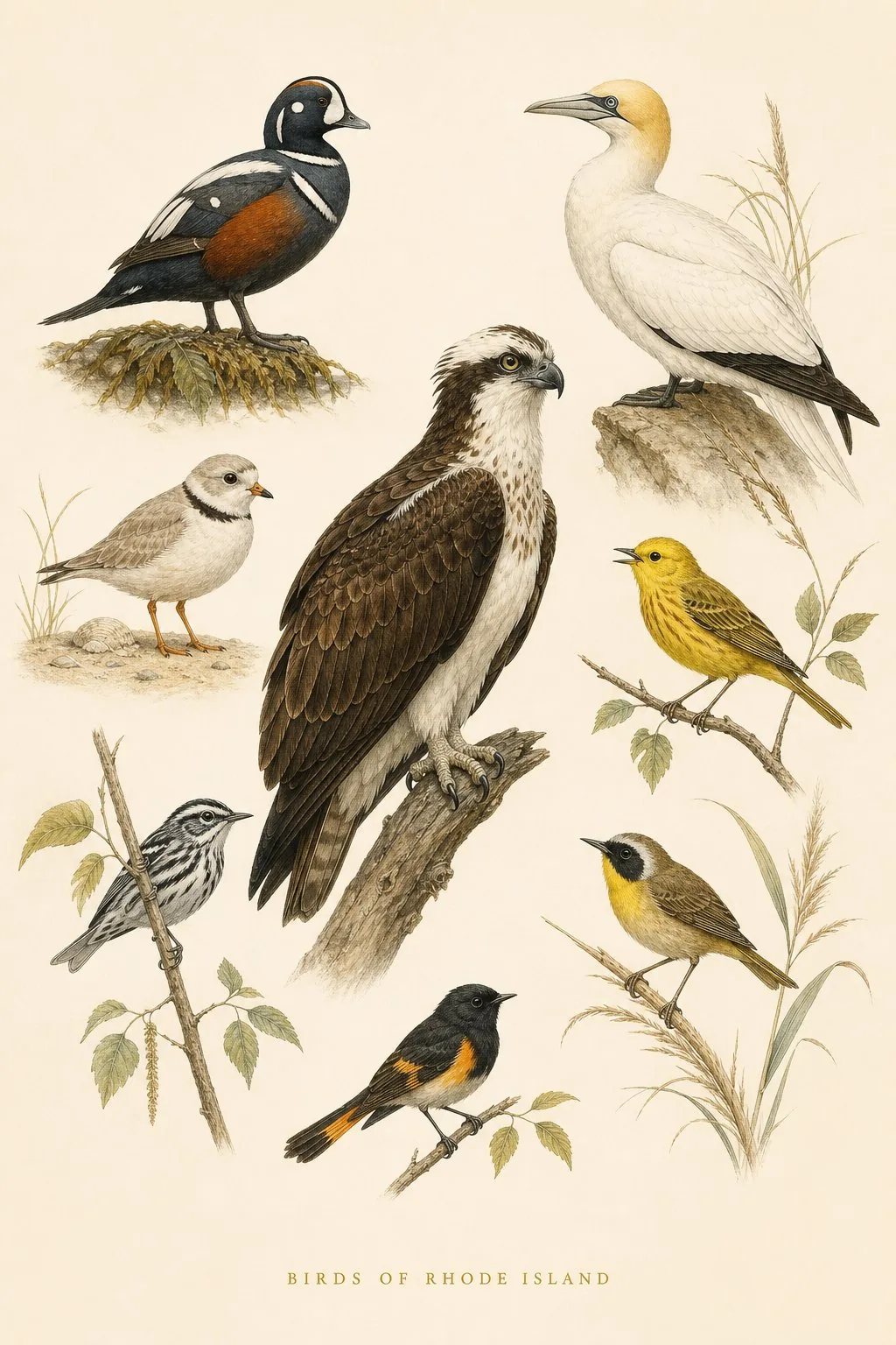 Audubon-style composite plate of the signature birds of Rhode Island