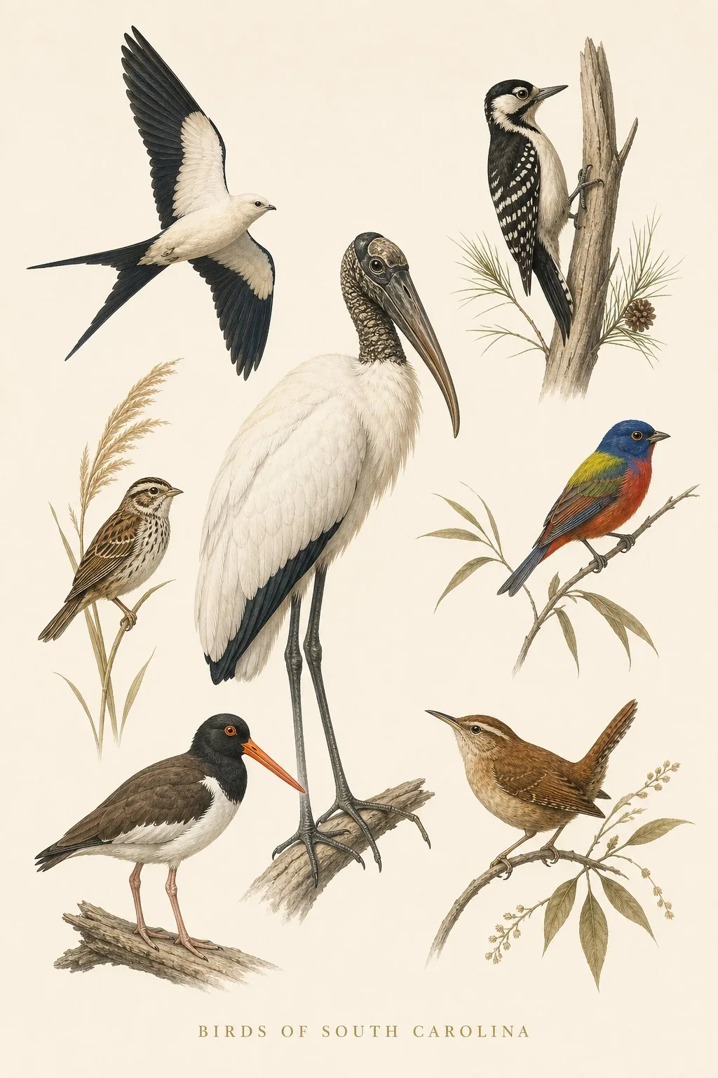 Audubon-style composite plate of the signature birds of South Carolina