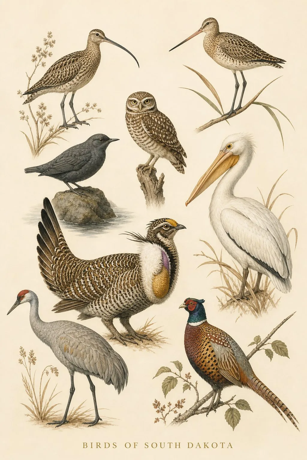 Audubon-style composite plate of the signature birds of South Dakota