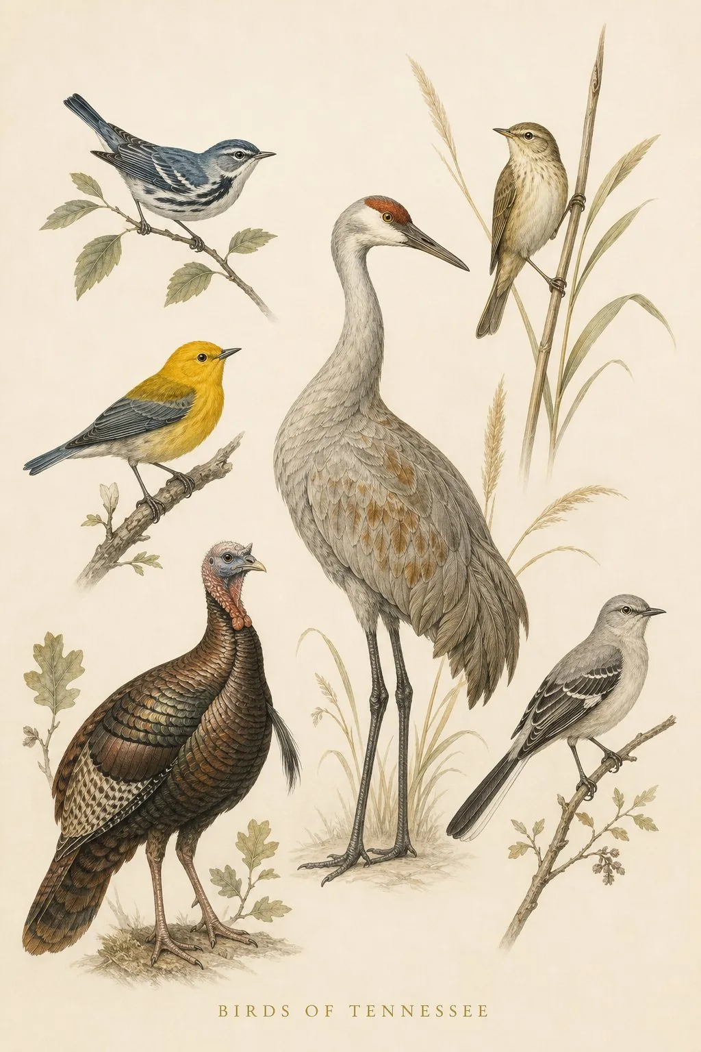 Audubon-style composite plate of the signature birds of Tennessee