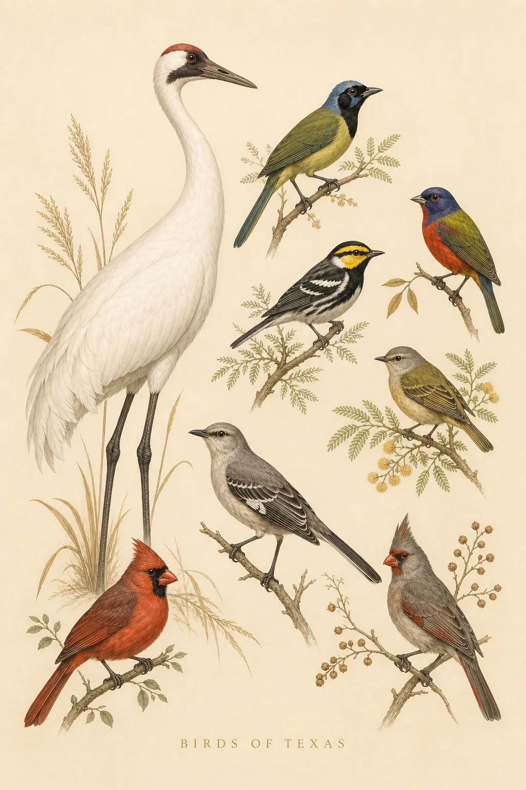 Audubon-style composite plate of the signature birds of Texas