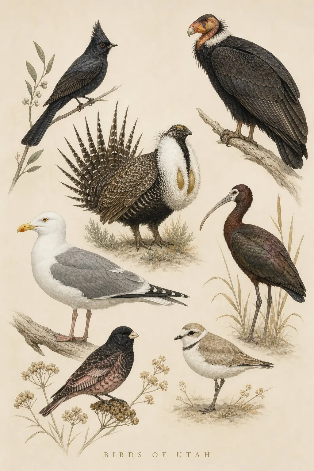 Audubon-style composite plate of the signature birds of Utah