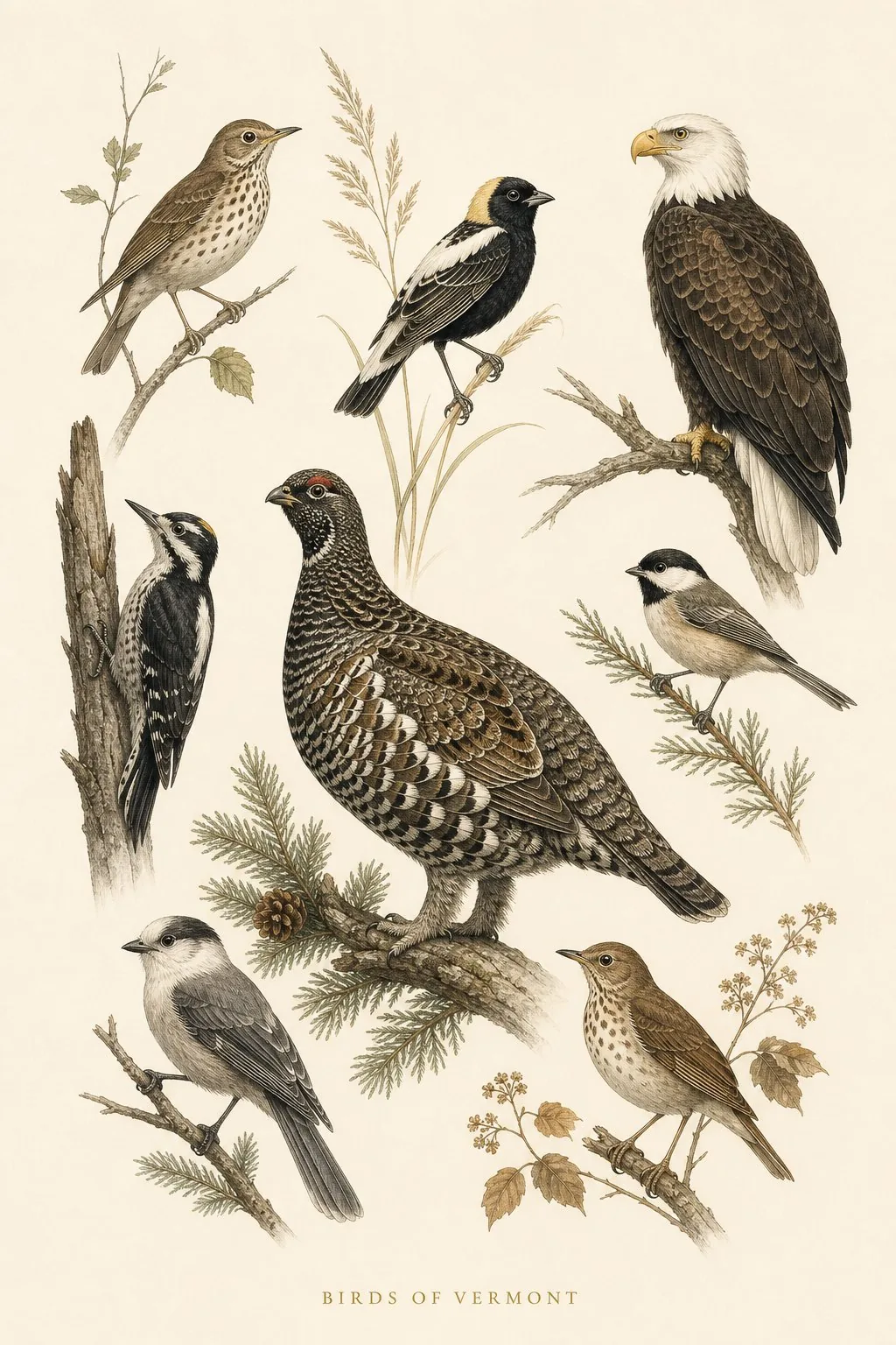 Audubon-style composite plate of the signature birds of Vermont