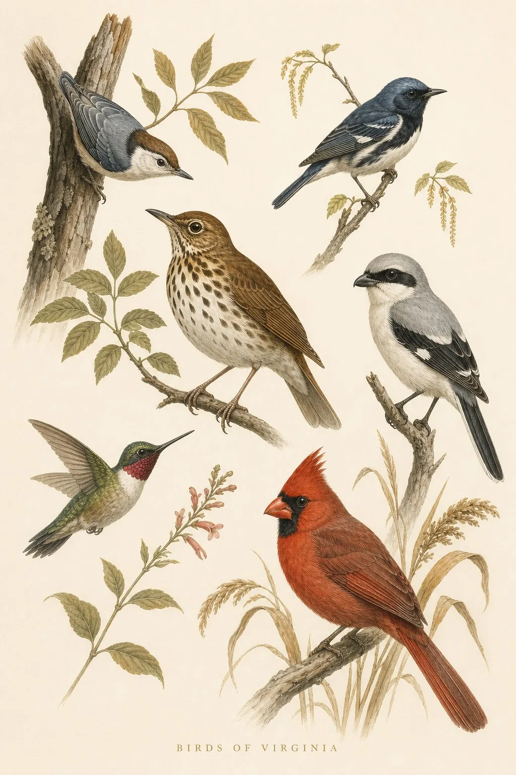 Audubon-style composite plate of the signature birds of Virginia