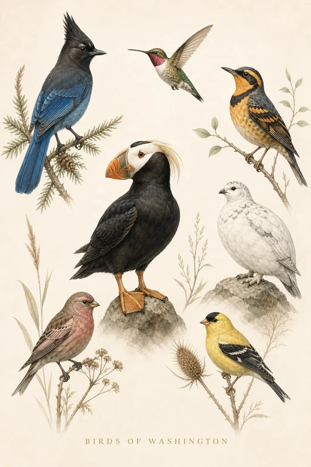 Audubon-style composite plate of the signature birds of Washington