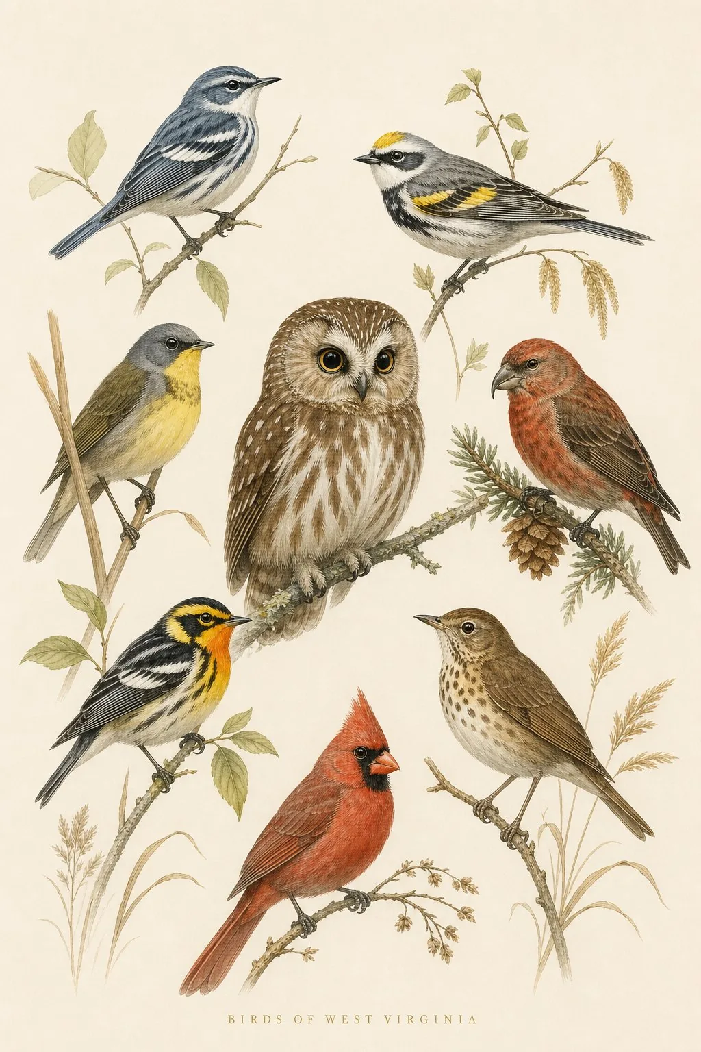 Audubon-style composite plate of the signature birds of West Virginia