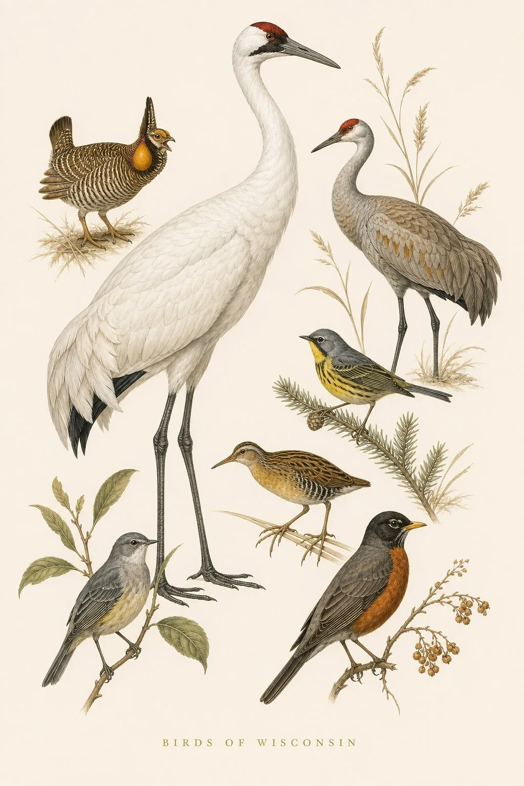 Audubon-style composite plate of the signature birds of Wisconsin