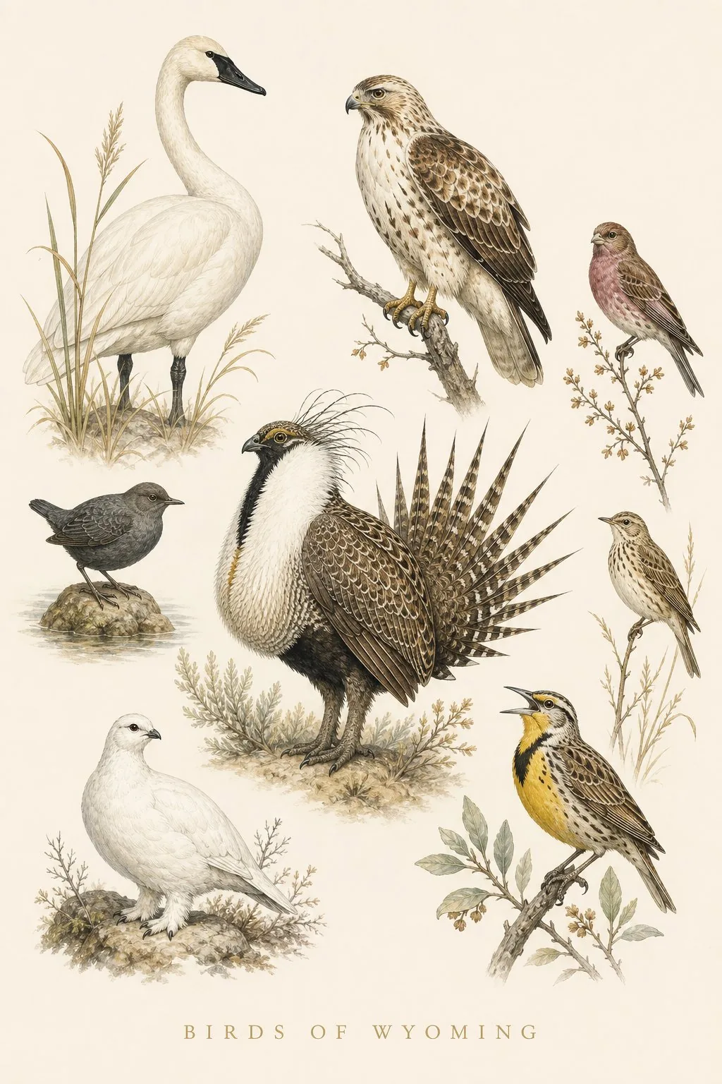 Audubon-style composite plate of the signature birds of Wyoming