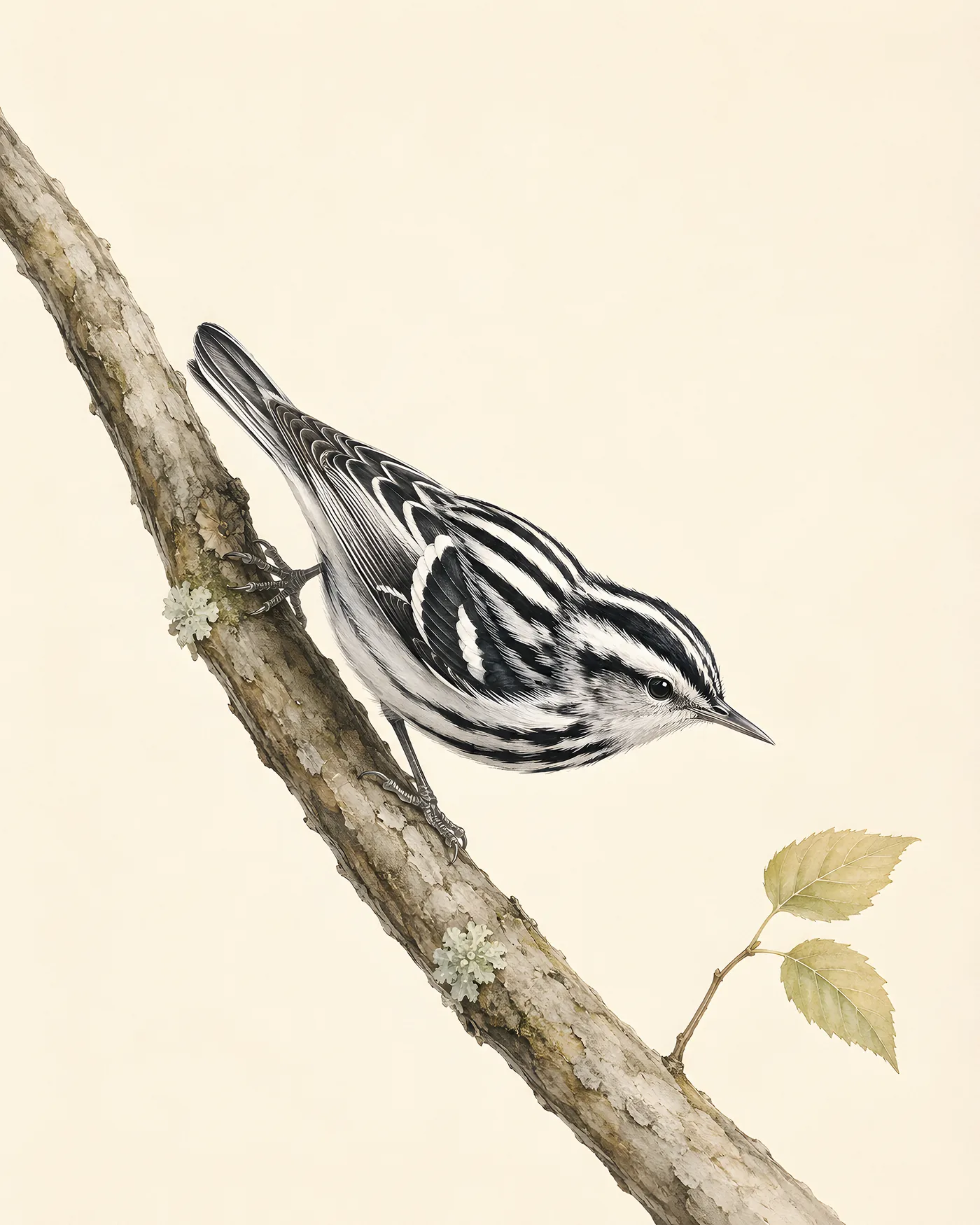 Fine-art Black-and-white Warbler print rendered in a contemporary Audubon-inspired natural-history style with a soft paper-grain finish