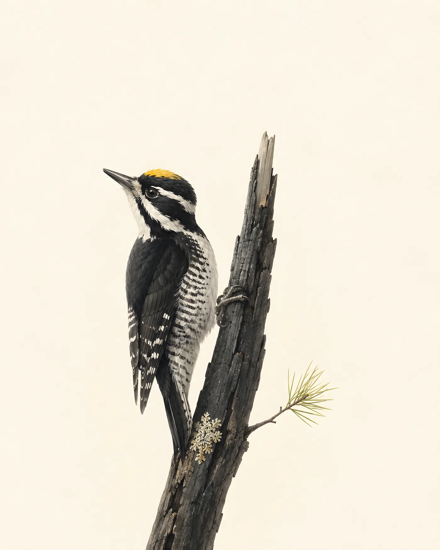 Fine-art Black-backed Woodpecker print in the Audubon style