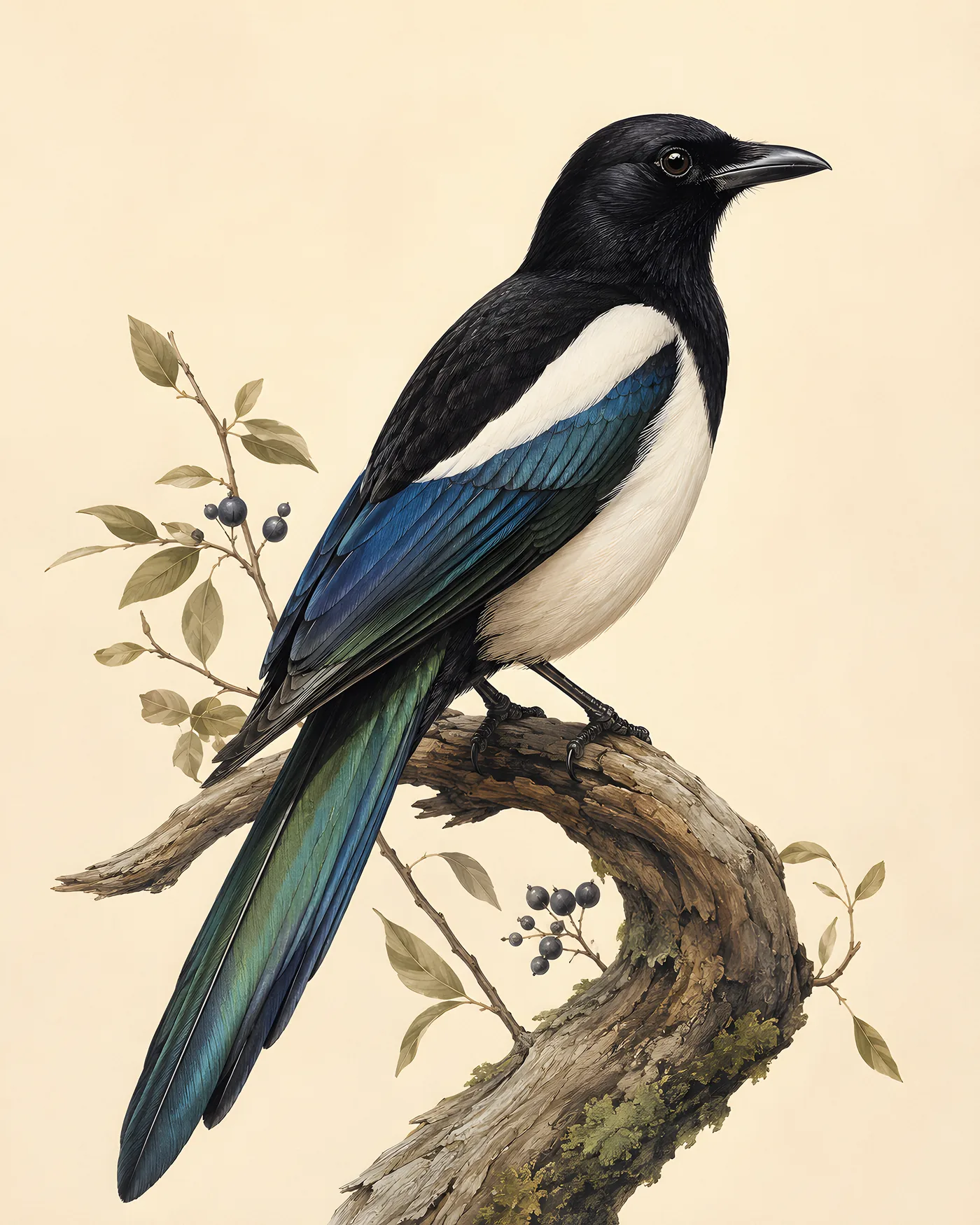 Black-billed Magpie Print, black and white with iridescent blue and a long tail, in a contemporary Audubon-inspired natural-history style