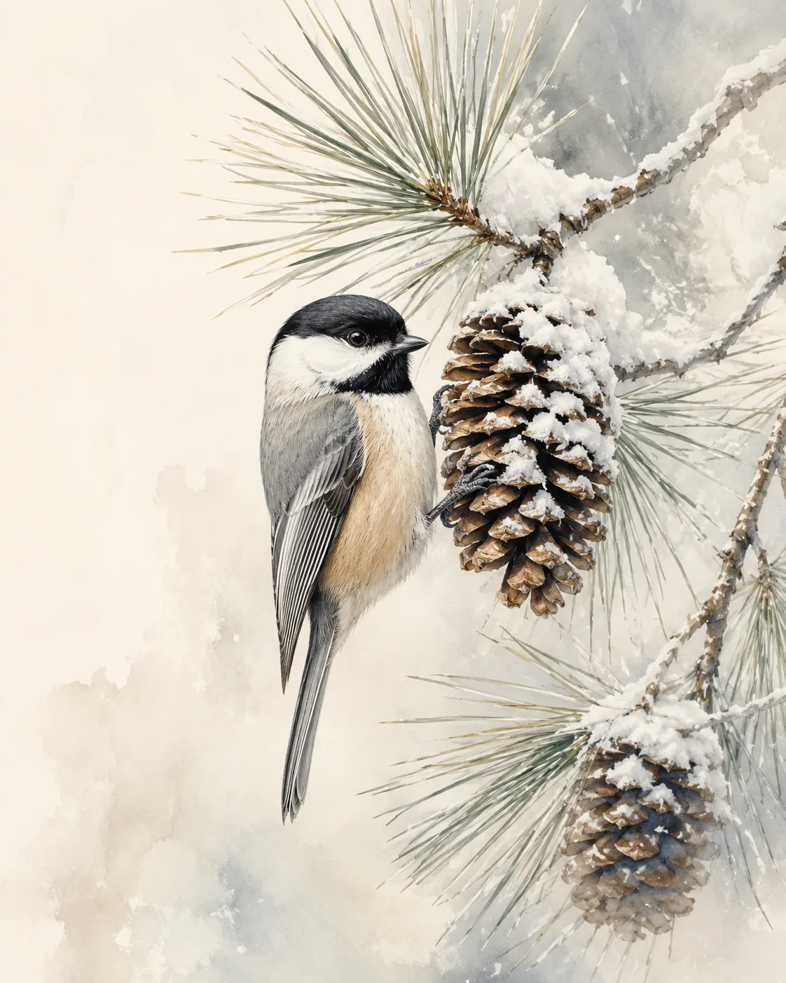 Fine-art plate of a Black-capped Chickadee in a winter pine, in the Audubon style
