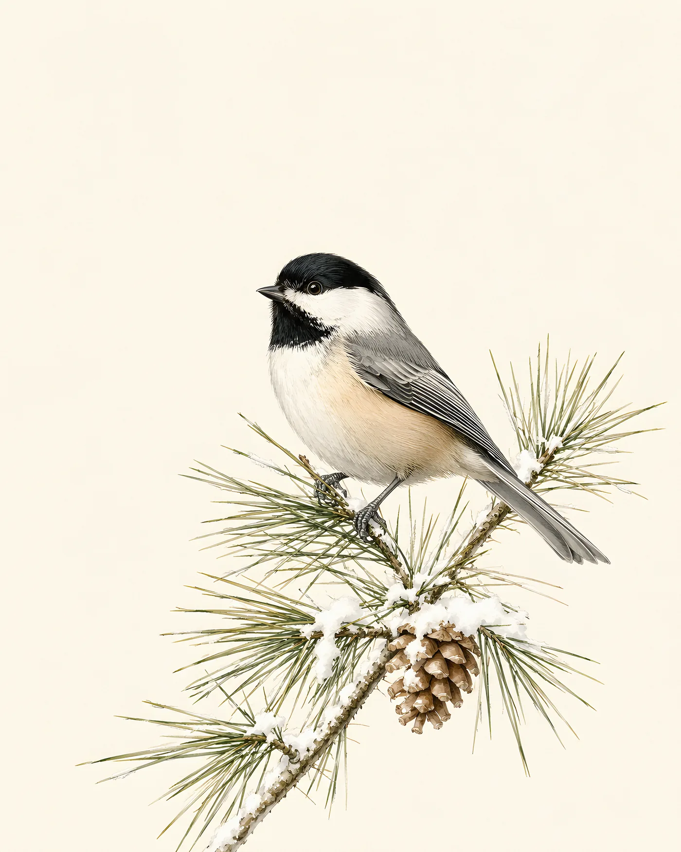 Fine-art print of a Black-capped Chickadee perched on a pine branch, in the Audubon style