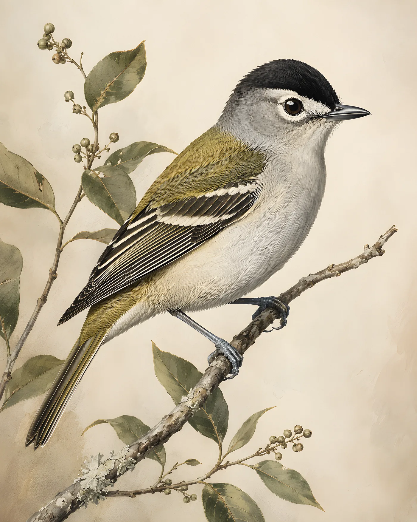 Fine-art Black Capped Vireo print in the Audubon style