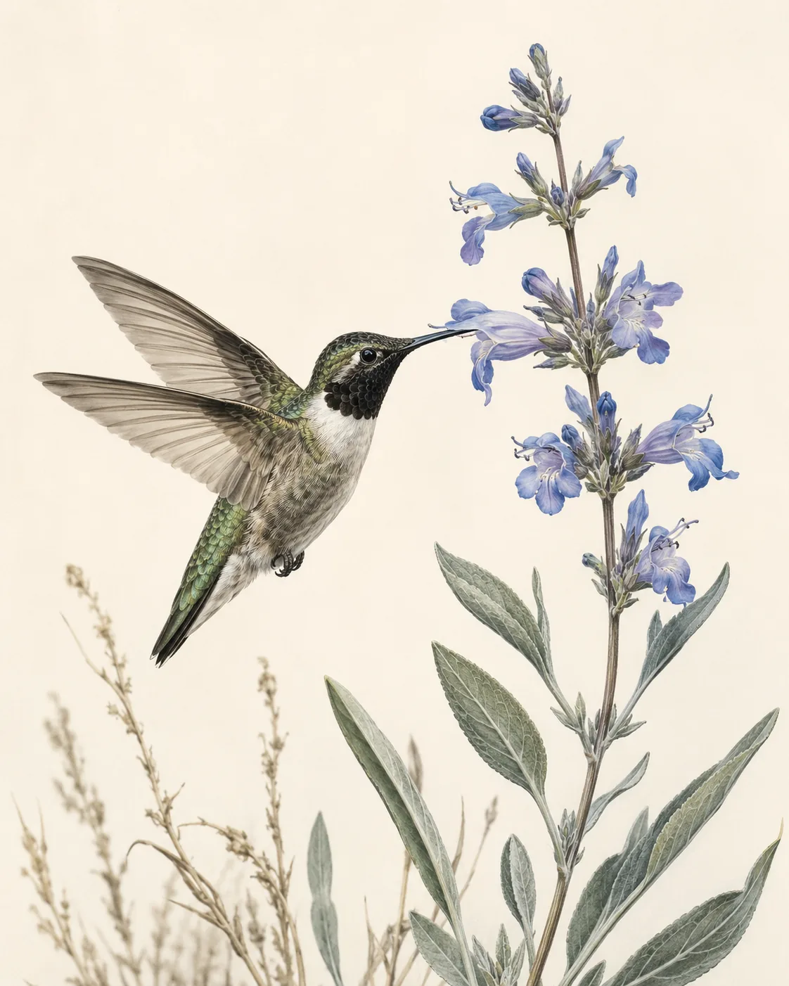 Audubon-style fine-art print of a Black-chinned Hummingbird at desert sage